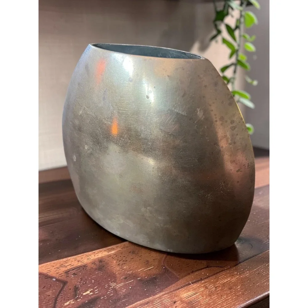 Vintage Aged Modernist Brass Vase Sculptural Elliptical Vessel Mid Century Decor